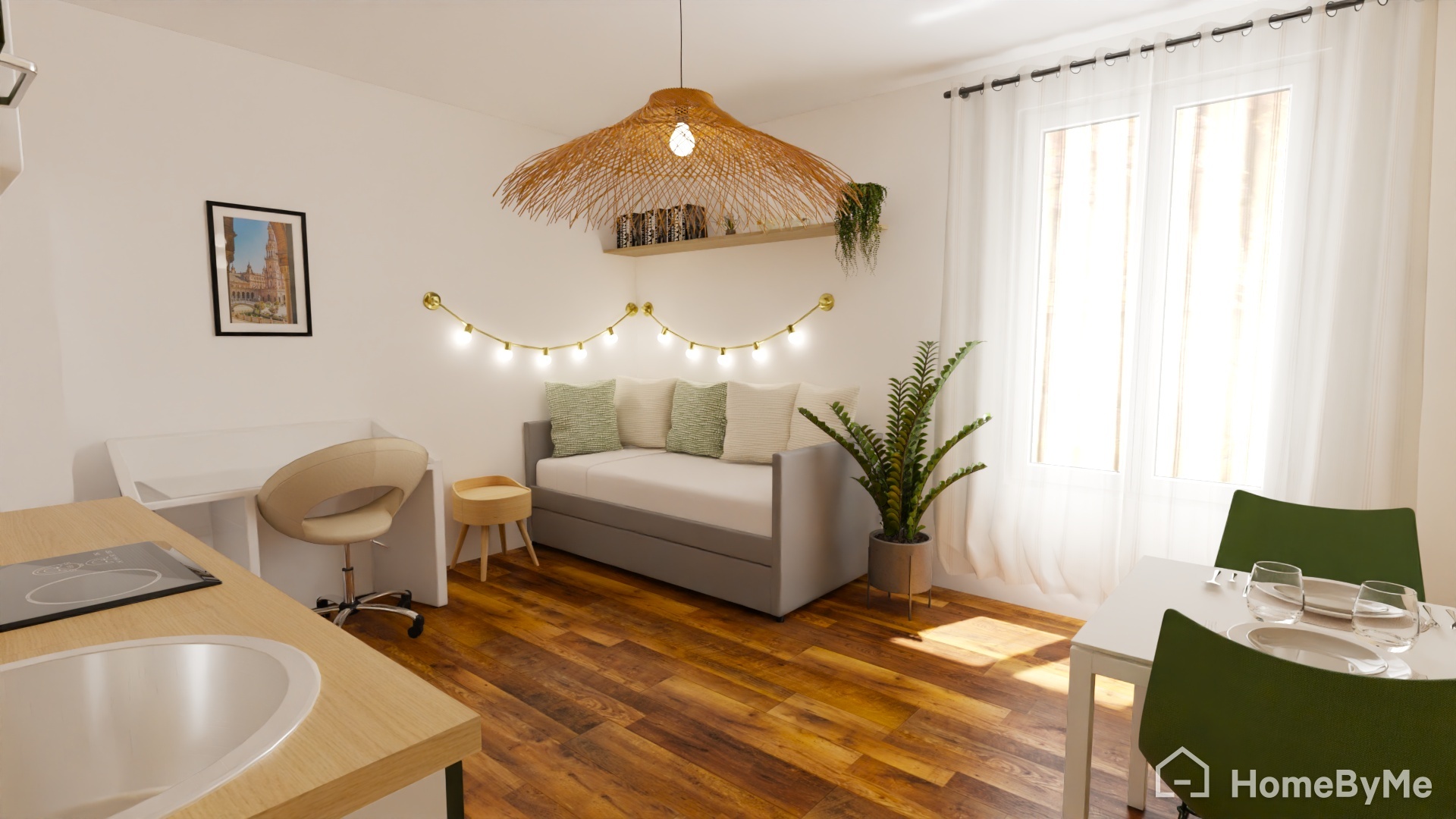 3D de l'aménagement de la pièce de vie : coin lit avec banquette, bureau et rangements, dans les tons naturels bois et verts