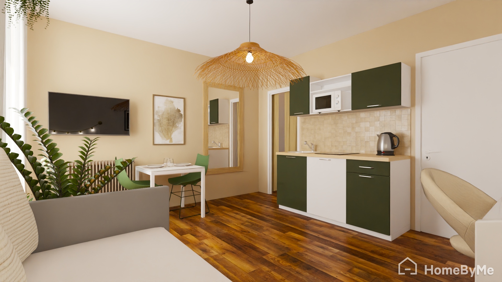 3D de l'aménagement de la pièce de vie, les meubles de la cuisine sont repeints en vert, un espace chaleureux dans les tons bois et verts