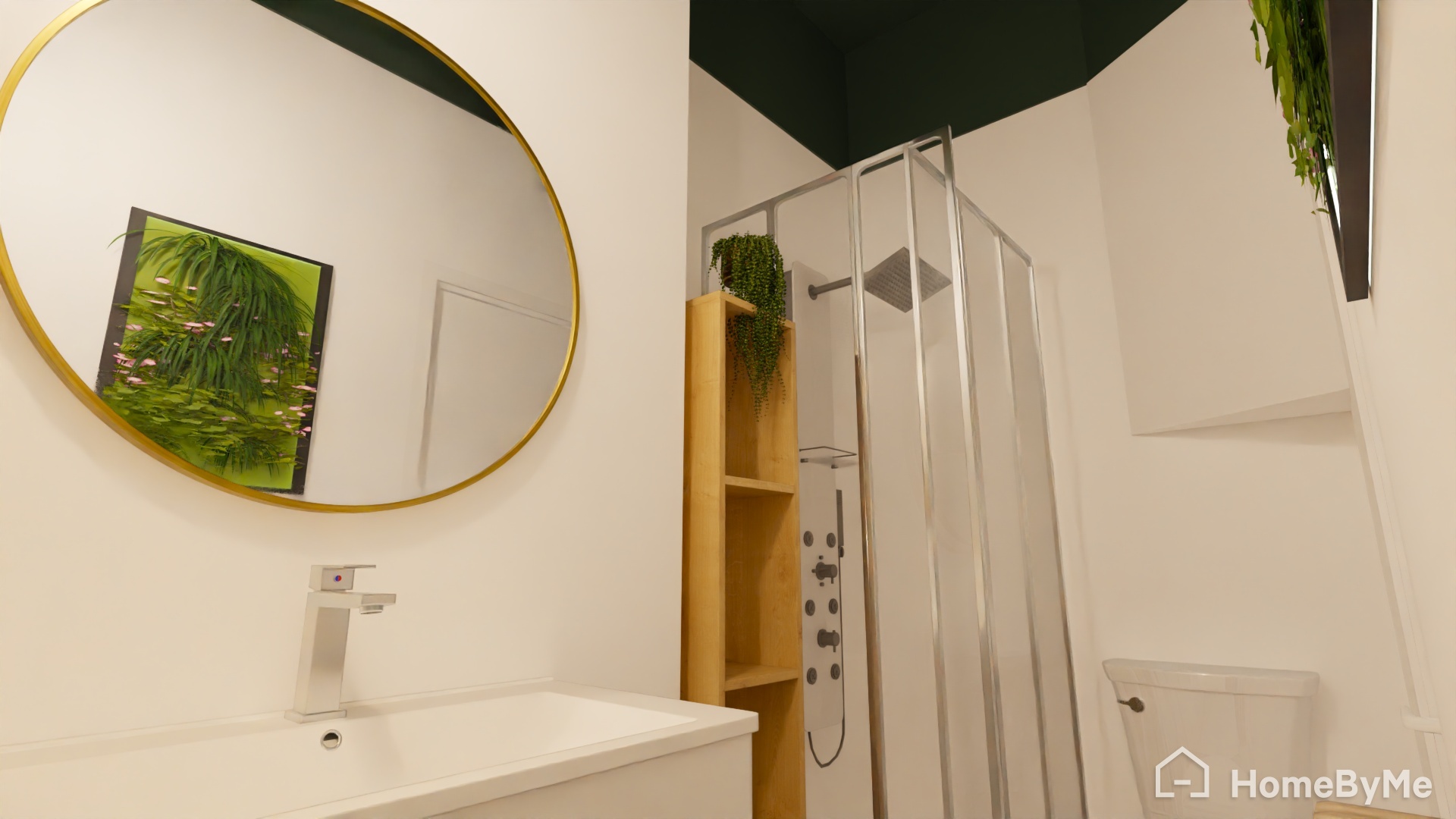 Vue 3D de la salle d'eau avec un miroir rond, un meuble de rangement en bois, des plantes artificielles et le plafond abaissé visuellement par une peinture vert foncé