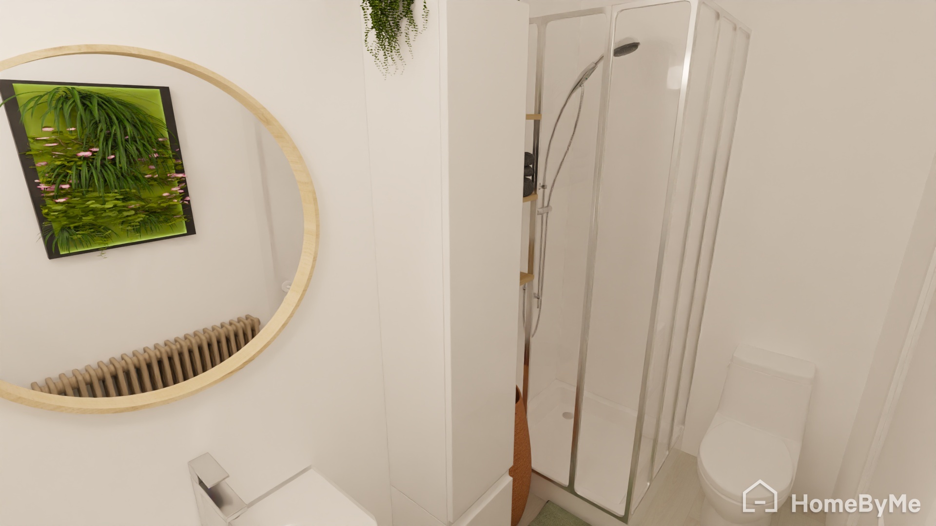 3D d'aménagement de la salle d'eau : ajout d'une colonne de rangement et d'un tableau de plantes artificielles