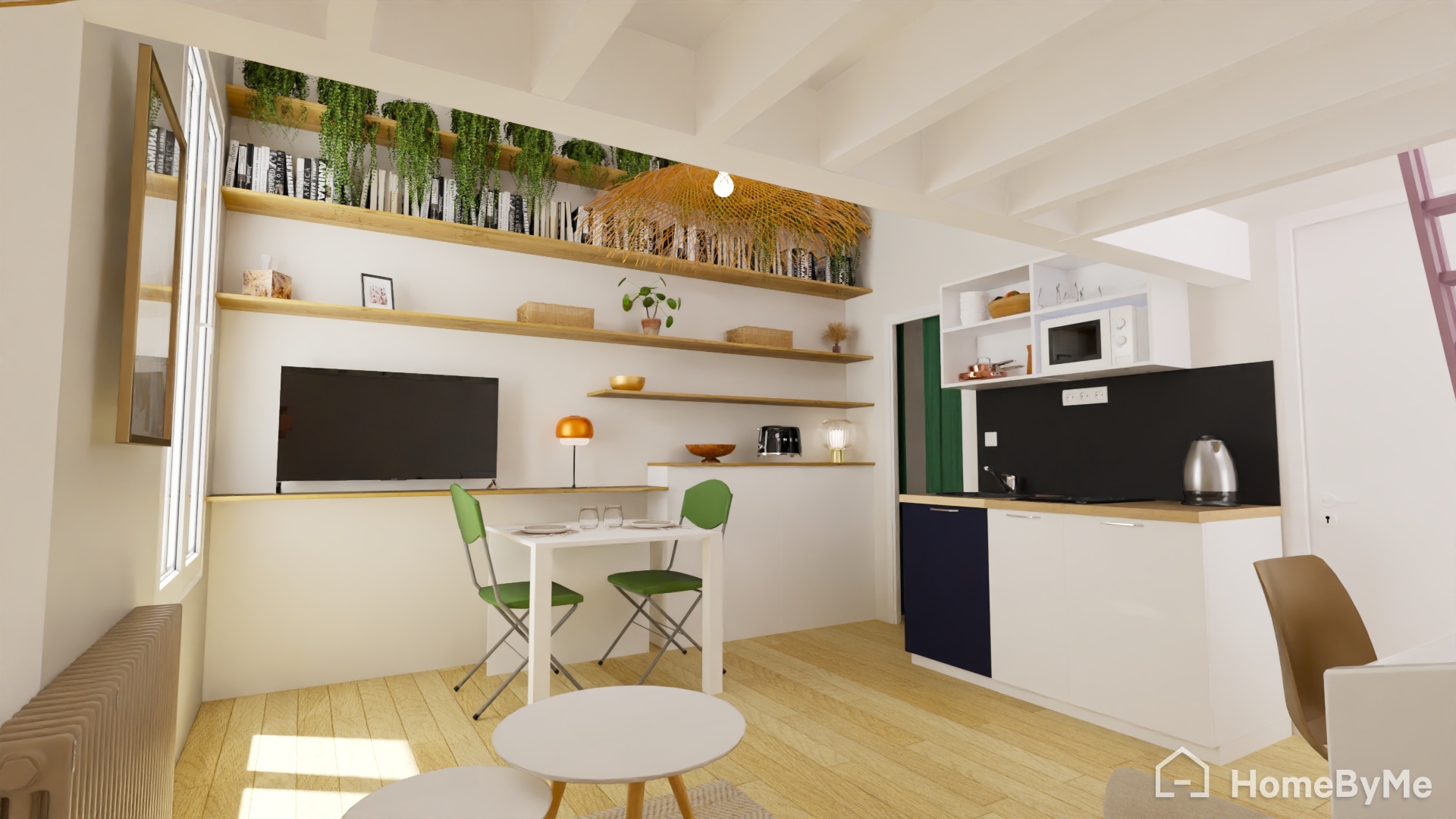 Vue 3D depuis le dessous de la mezzanine, coin cuisine, rangements aux murs avec des plantes décoratives