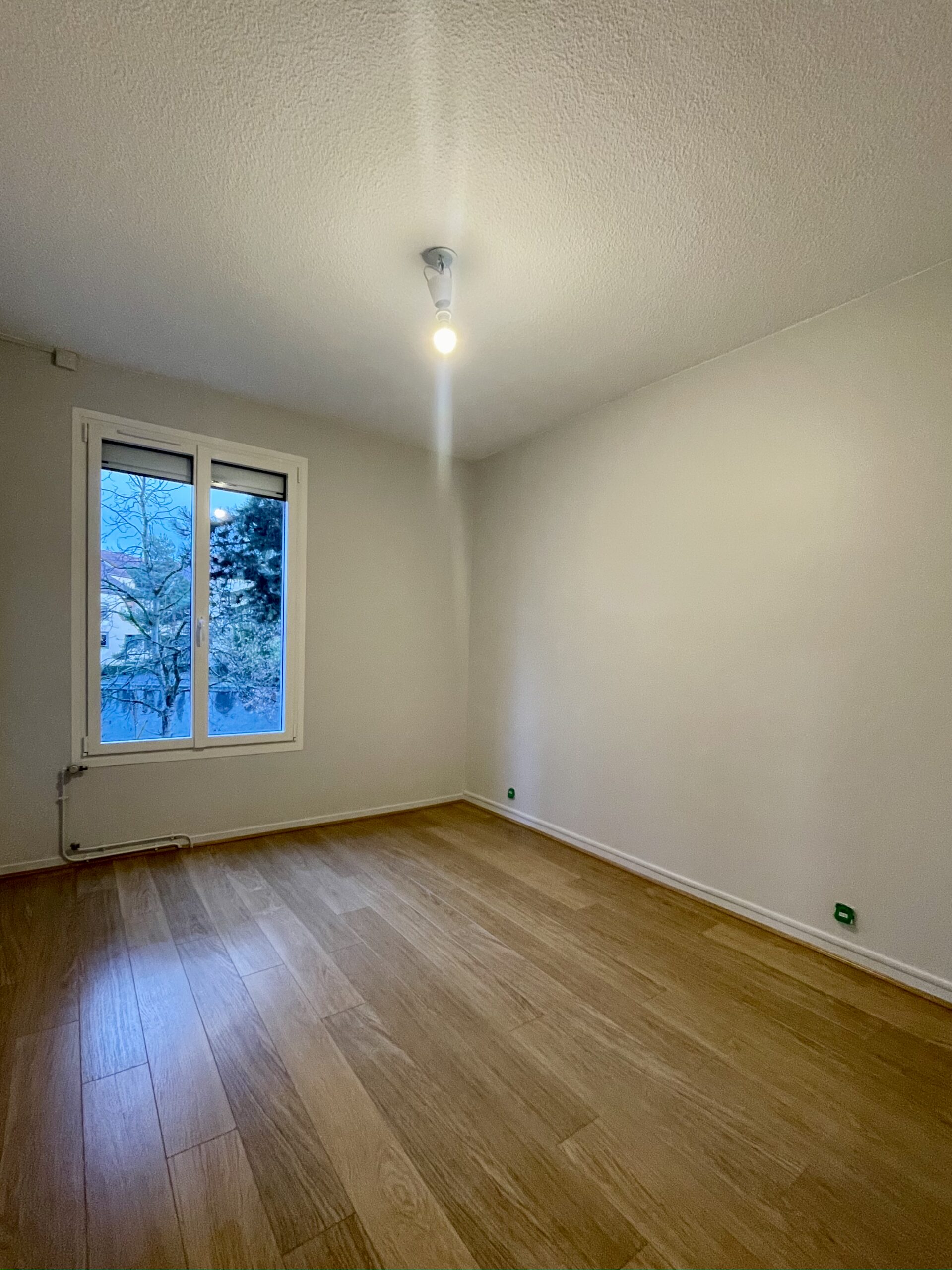 Chambre rénovée, le plafond a été repeint en blanc pour plus de luminosité, les murs en gris clair pour uniformiser avec le reste de l'appartement, le sol est en stratifié bois